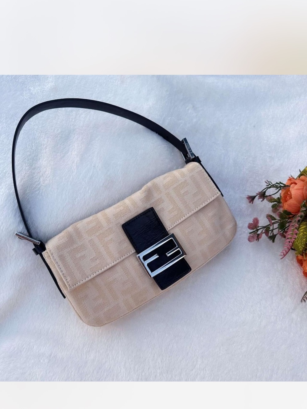 Fendi Beige Shoulder Bag with Brown Strap and Silver Buckle